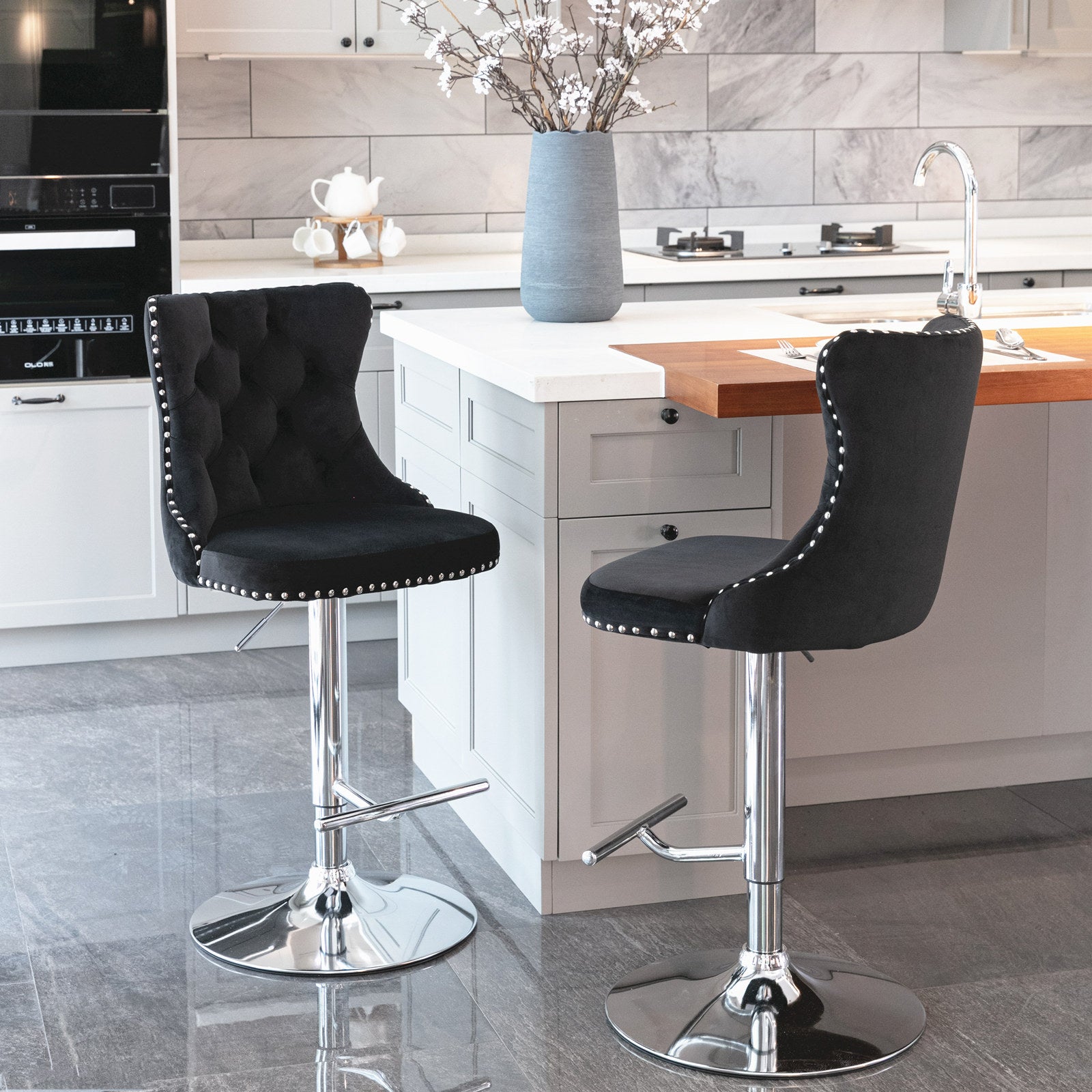 Set of 2 Modern Upholstered Tufted Velvet Armless Bar Stools with Chrome Details- Black_3