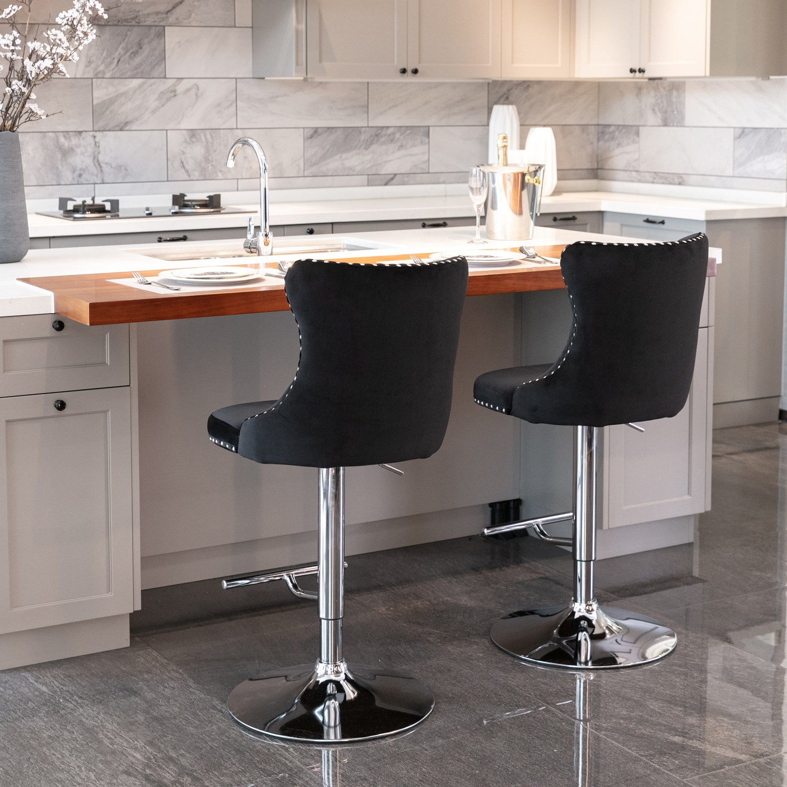 Set of 2 Modern Upholstered Tufted Velvet Armless Bar Stools with Chrome Details- Black_5