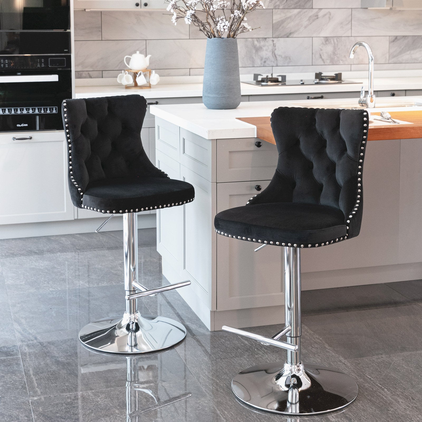 Set of 2 Modern Upholstered Tufted Velvet Armless Bar Stools with Chrome Details- Black_1