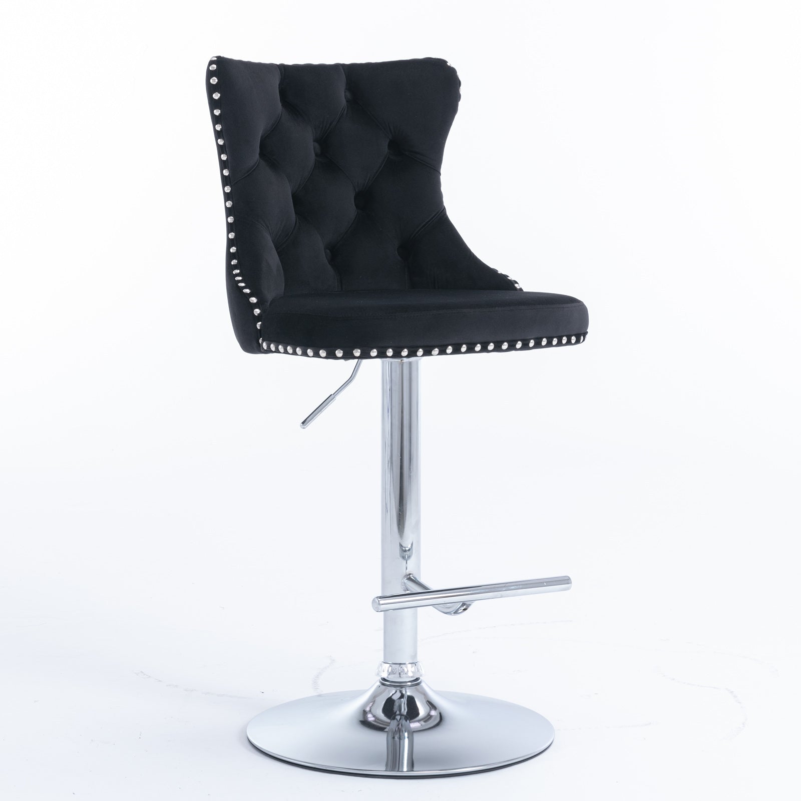 Set of 2 Modern Upholstered Tufted Velvet Armless Bar Stools with Chrome Details- Black_7