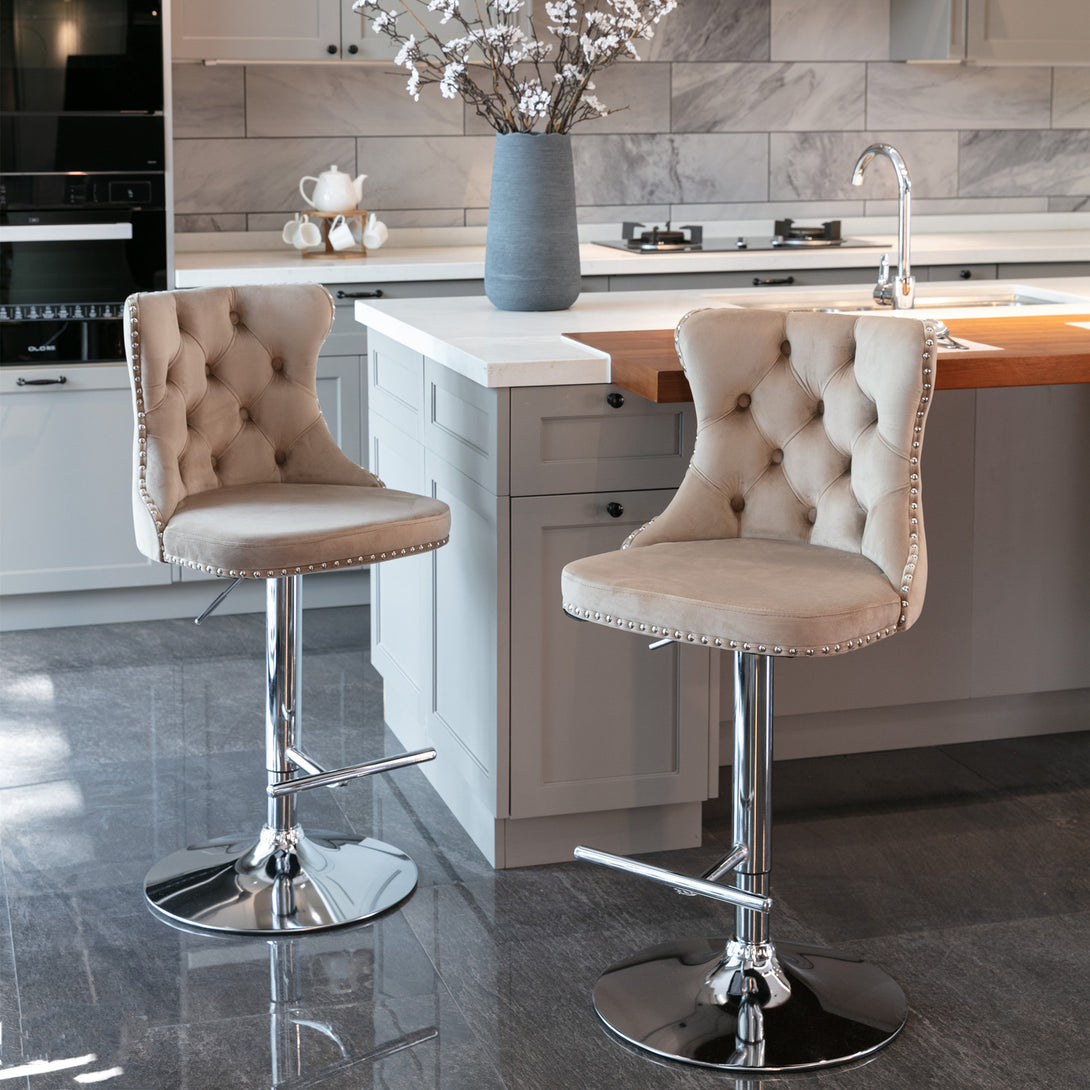 Set of 2 Modern Upholstered Tufted Velvet Armless Bar Stools with Chrome Details- Khaki_1