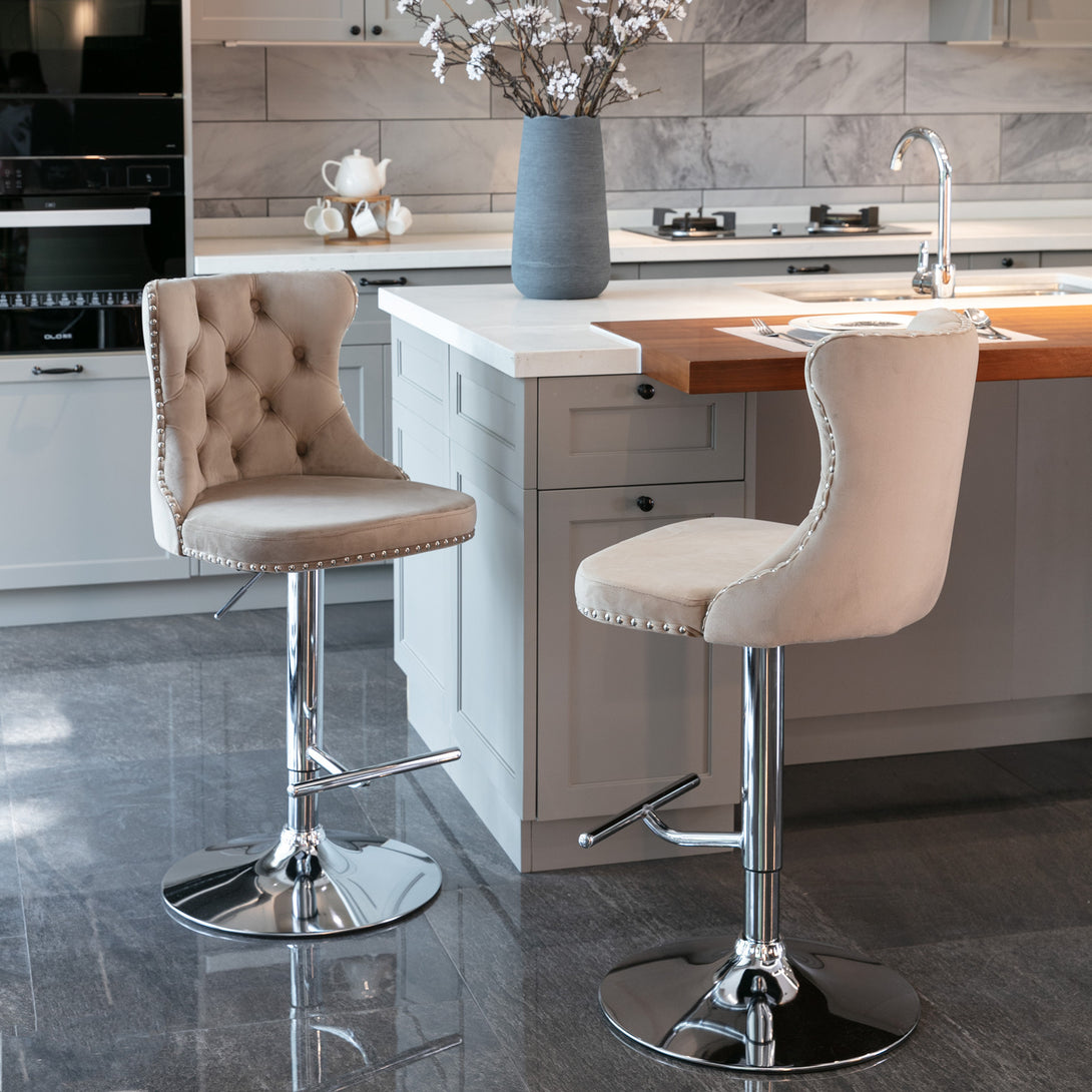 Set of 2 Modern Upholstered Tufted Velvet Armless Bar Stools with Chrome Details- Khaki_2