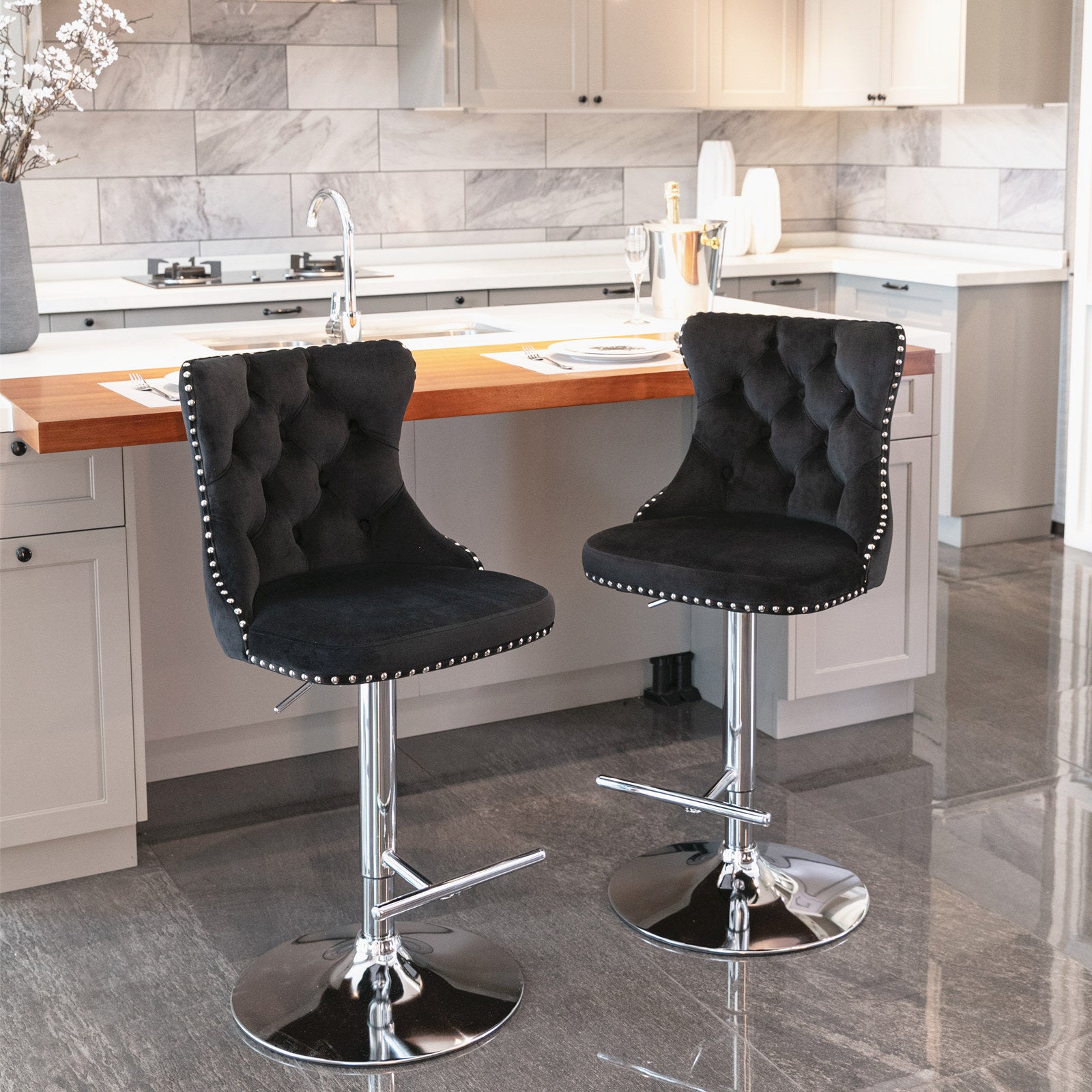 Set of 2 Modern Upholstered Tufted Velvet Armless Bar Stools with Chrome Details- Black_4