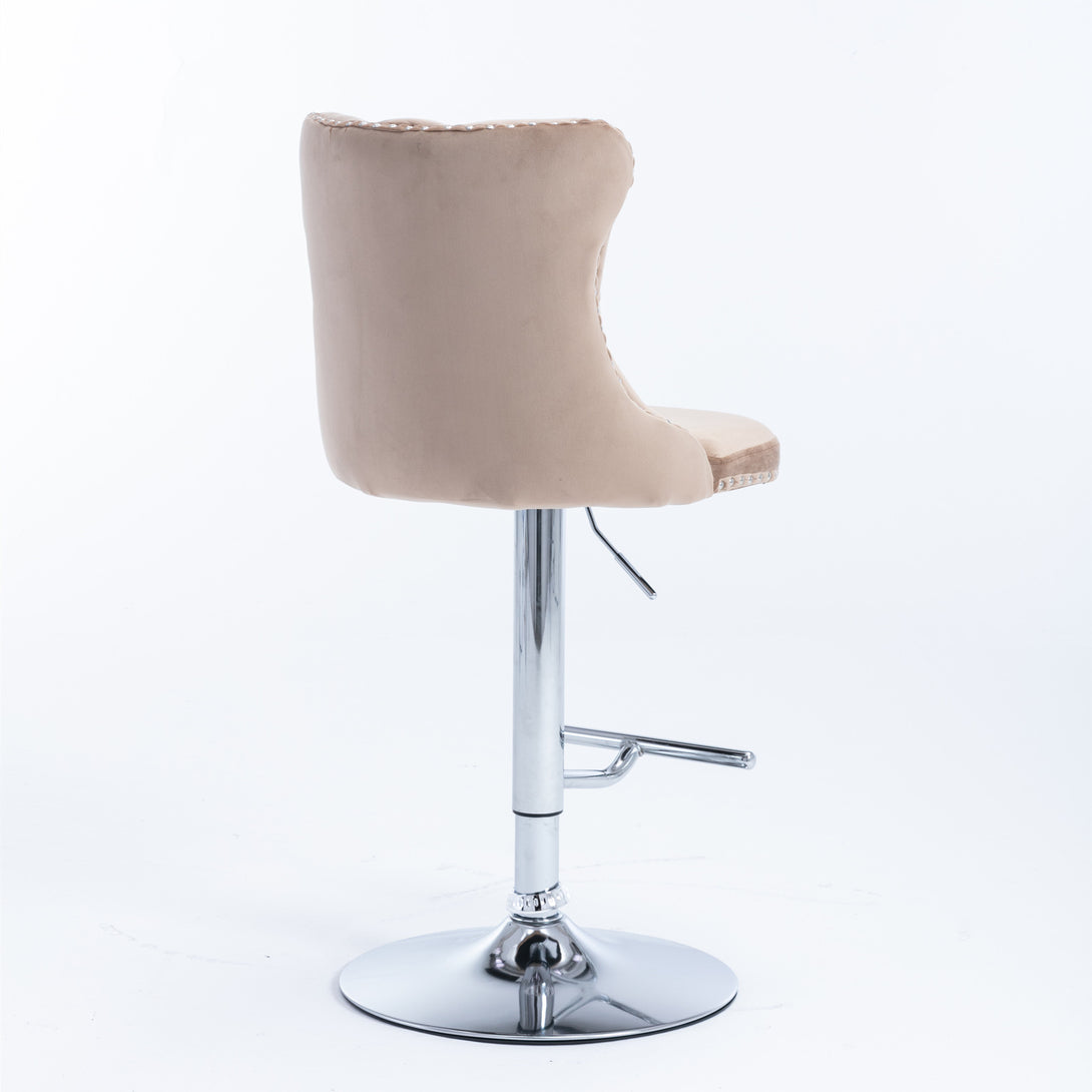 Set of 2 Modern Upholstered Tufted Velvet Armless Bar Stools with Chrome Details- Khaki_10