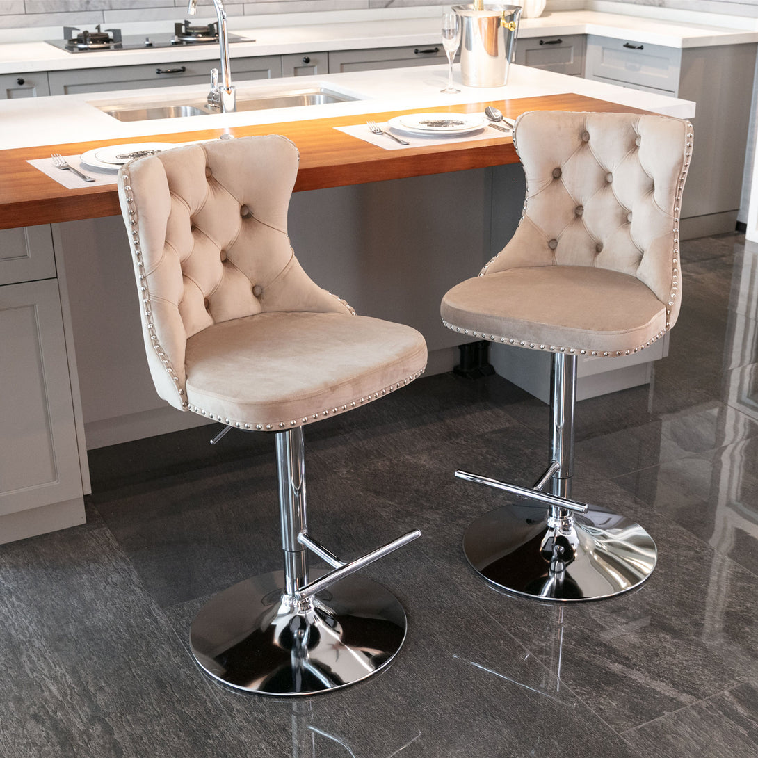 Set of 2 Modern Upholstered Tufted Velvet Armless Bar Stools with Chrome Details- Khaki_6