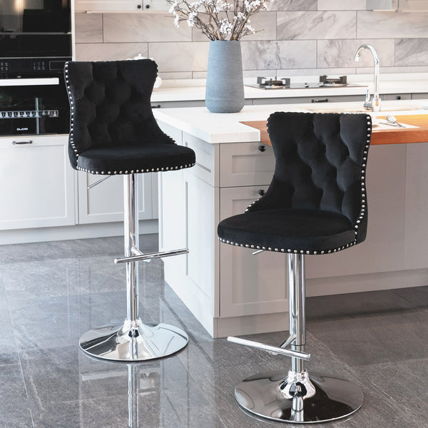 Set of 2 Modern Upholstered Tufted Velvet Armless Bar Stools with Chrome Details- Black_0