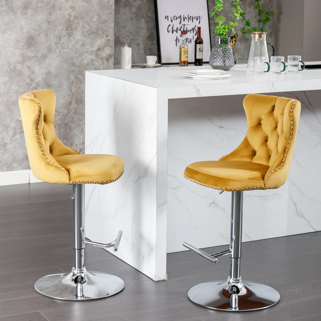 Set of 2 Modern Upholstered Tufted Velvet Armless Bar Stools with Chrome Details- Gold_14