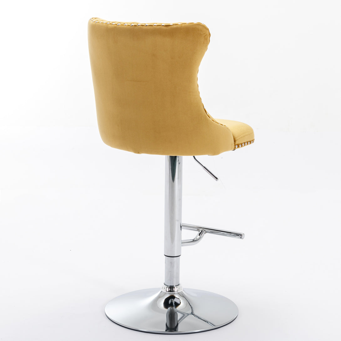 Set of 2 Modern Upholstered Tufted Velvet Armless Bar Stools with Chrome Details- Gold_5