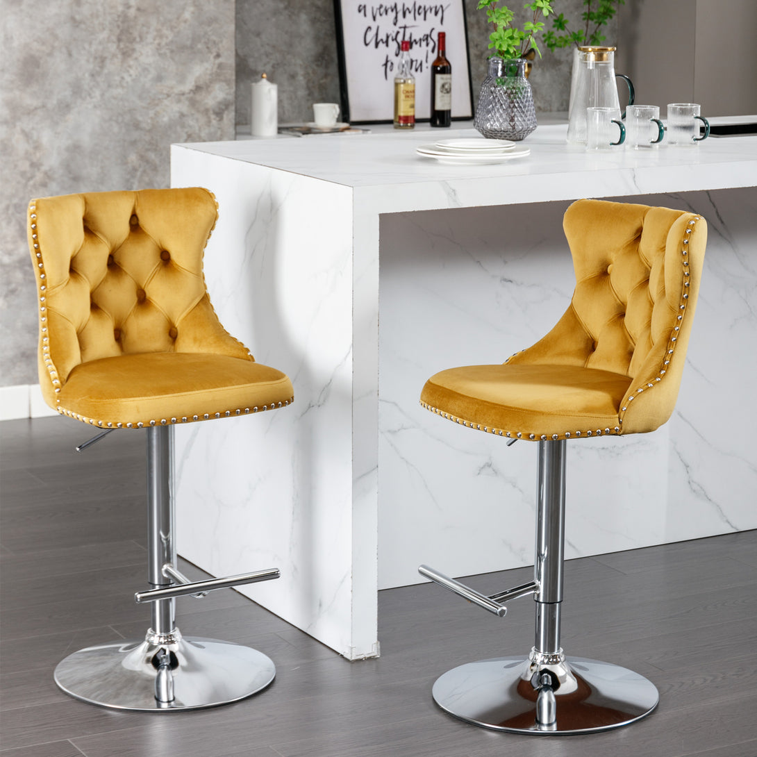 Set of 2 Modern Upholstered Tufted Velvet Armless Bar Stools with Chrome Details- Gold_13