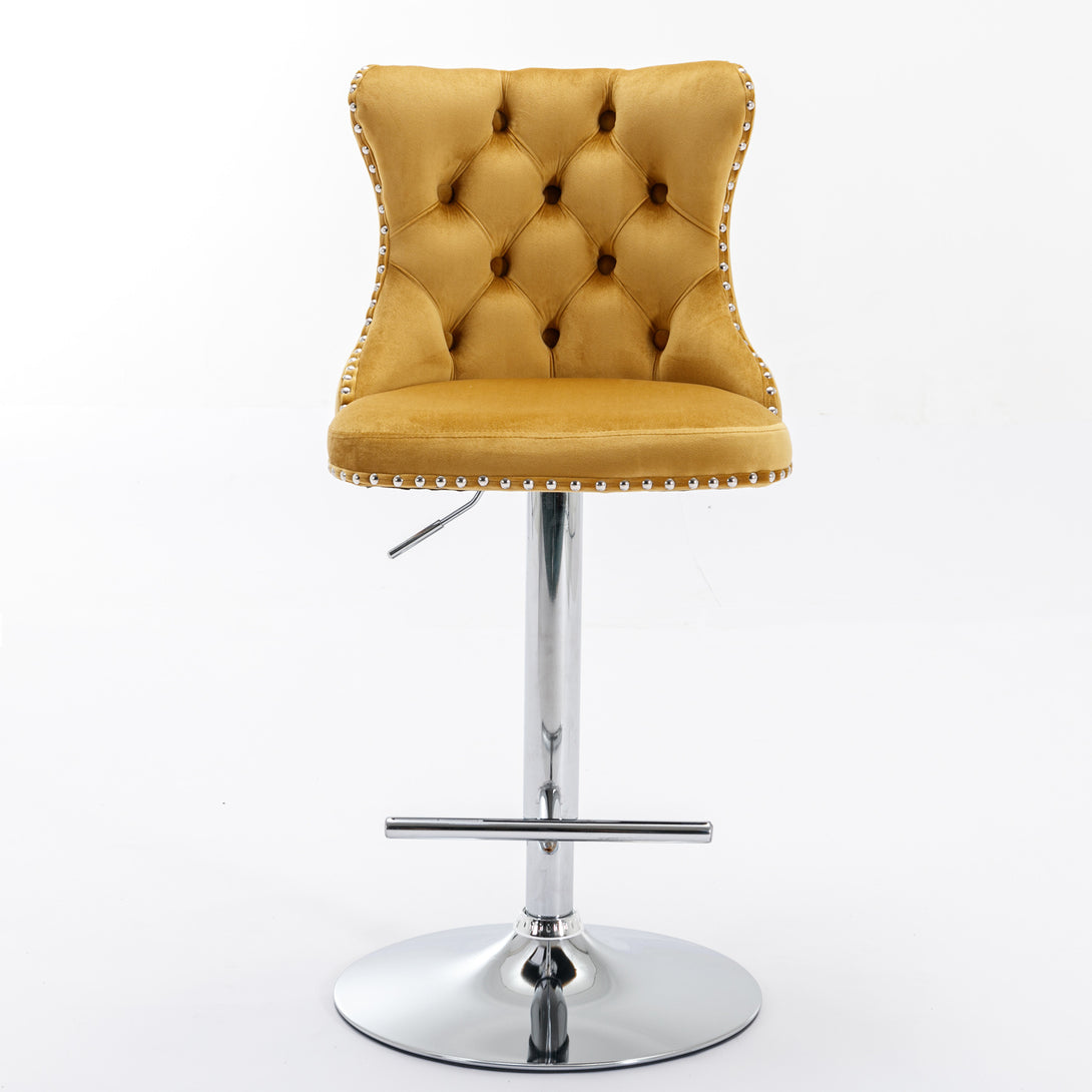 Set of 2 Modern Upholstered Tufted Velvet Armless Bar Stools with Chrome Details- Gold_2