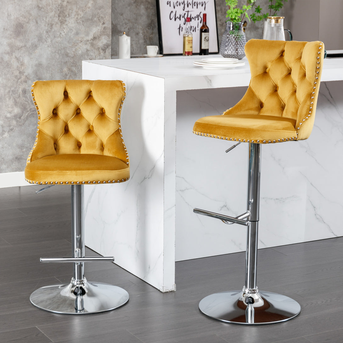 Set of 2 Modern Upholstered Tufted Velvet Armless Bar Stools with Chrome Details- Gold_1