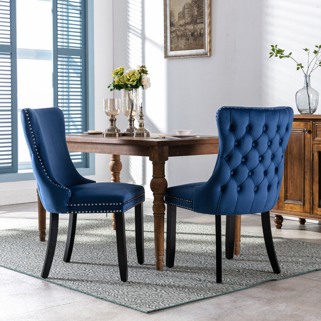 2 pcs High-End Wing Back Tufted Modern Contemporary Velvet Chair with Wooden Legs- Blue_1