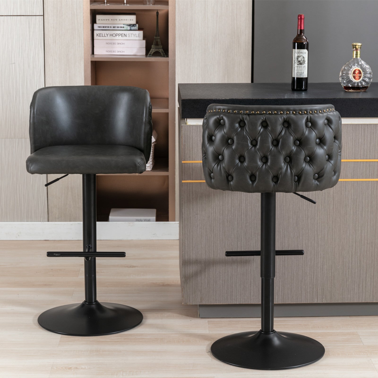 Set of 2 Modern Upholstered Whole Back Tufted PU Armless Bar Stools- Black_4