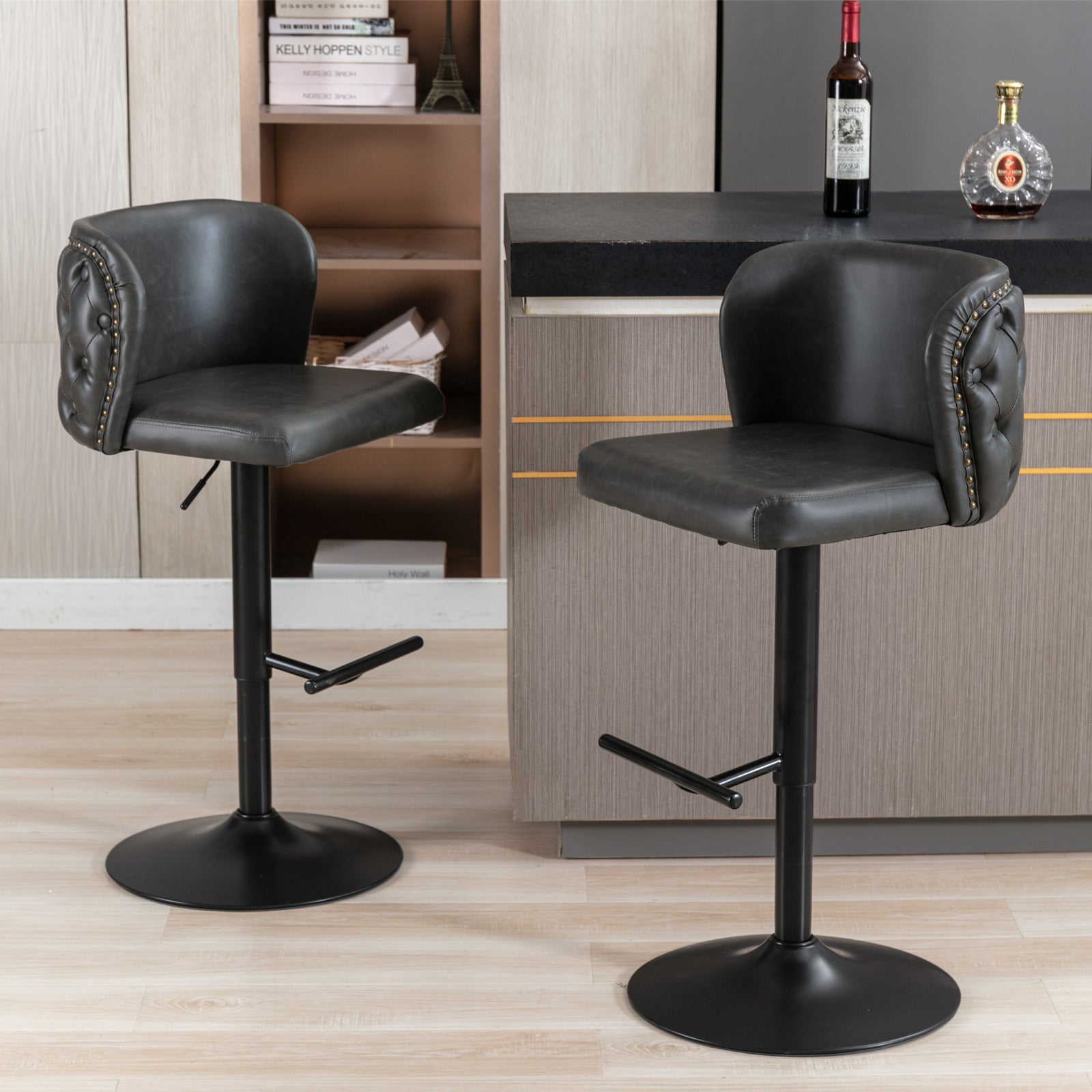 Set of 2 Modern Upholstered Whole Back Tufted PU Armless Bar Stools- Black_2