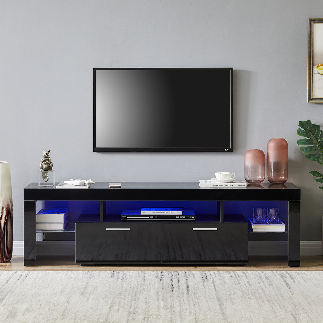 Easy Assembly High Glossy Front TV Stand with Storage Drawers and LED Light - Black_0