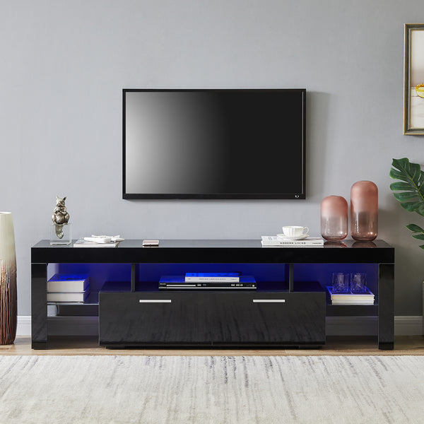 Easy Assembly High Glossy Front TV Stand with Storage Drawers and LED Light - Black_0