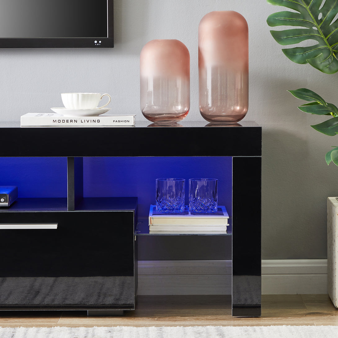 Easy Assembly High Glossy Front TV Stand with Storage Drawers and LED Light - Black_7