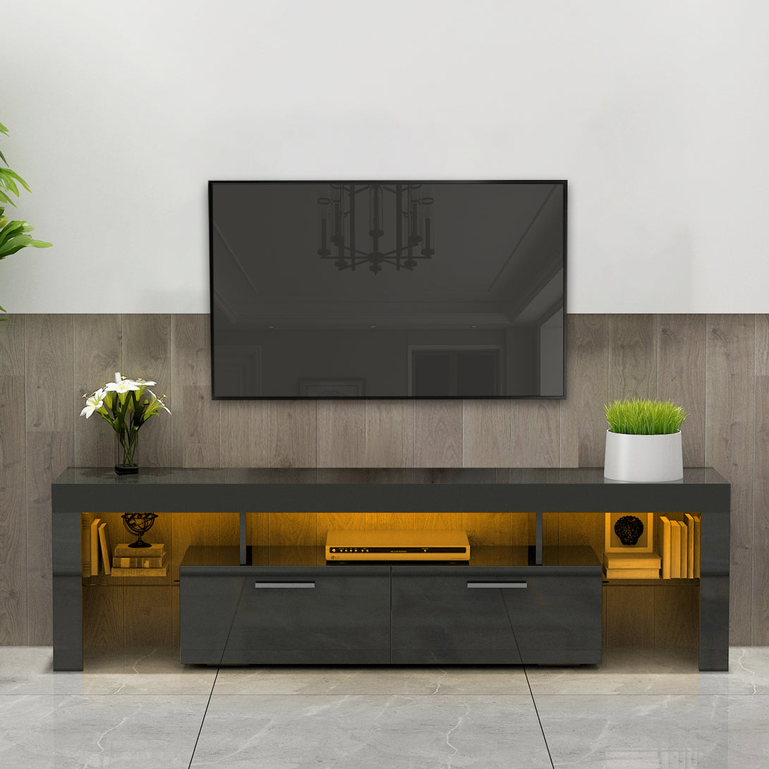 Easy Assembly High Glossy Front TV Stand with Storage Drawers and LED Light - Black_3