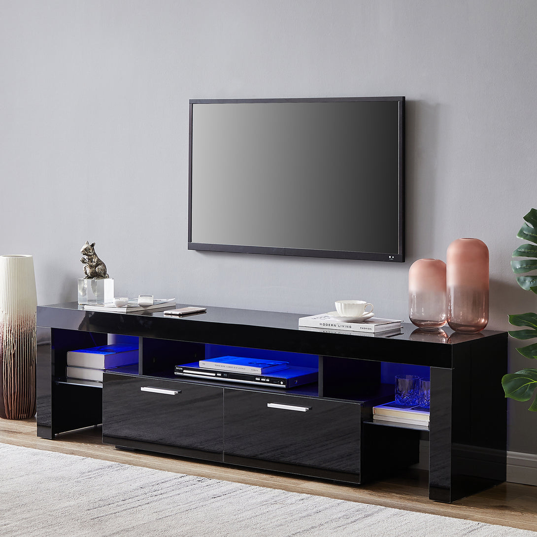 Easy Assembly High Glossy Front TV Stand with Storage Drawers and LED Light - Black_2