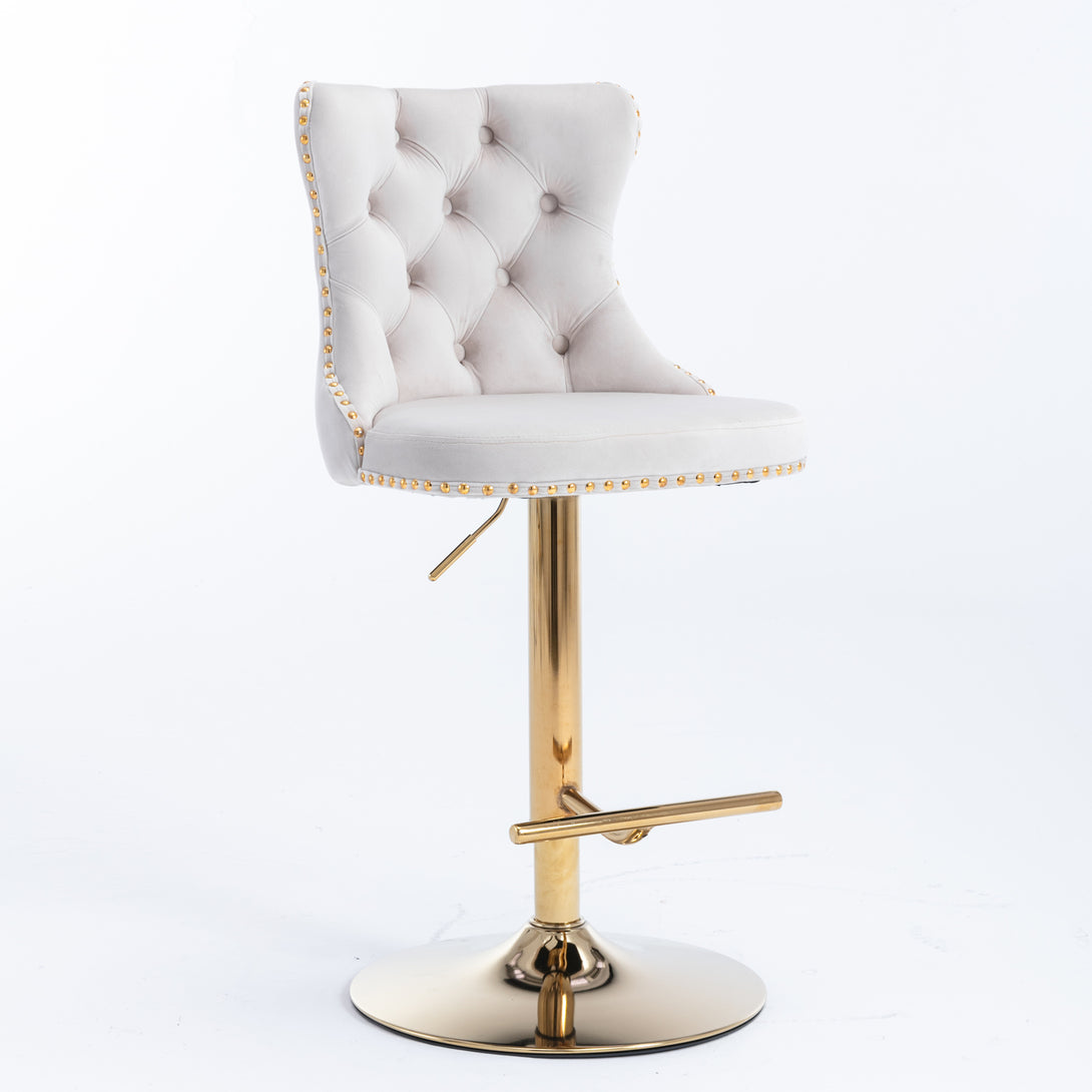 Set of 2 Modern Upholstered Tufted Velvet Armless Bar Stools with Gold Details- Beige_10