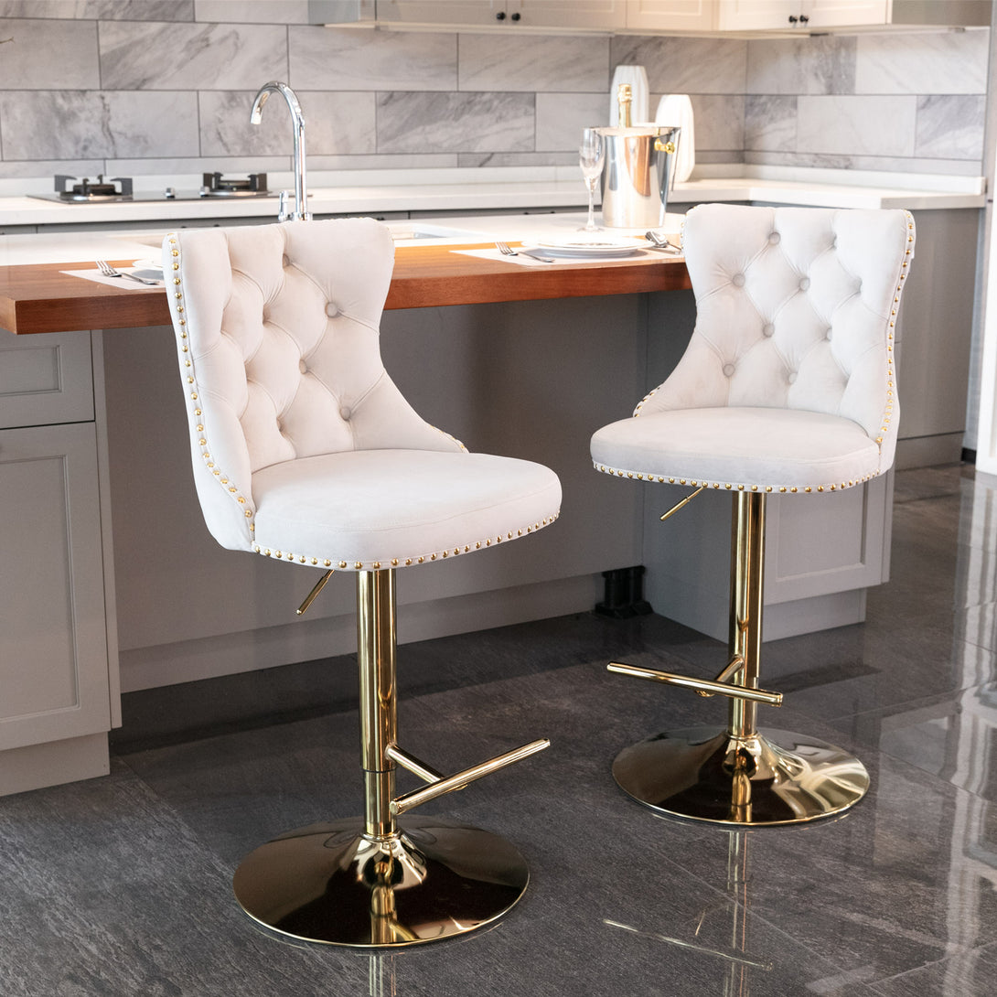 Set of 2 Modern Upholstered Tufted Velvet Armless Bar Stools with Gold Details- Beige_5