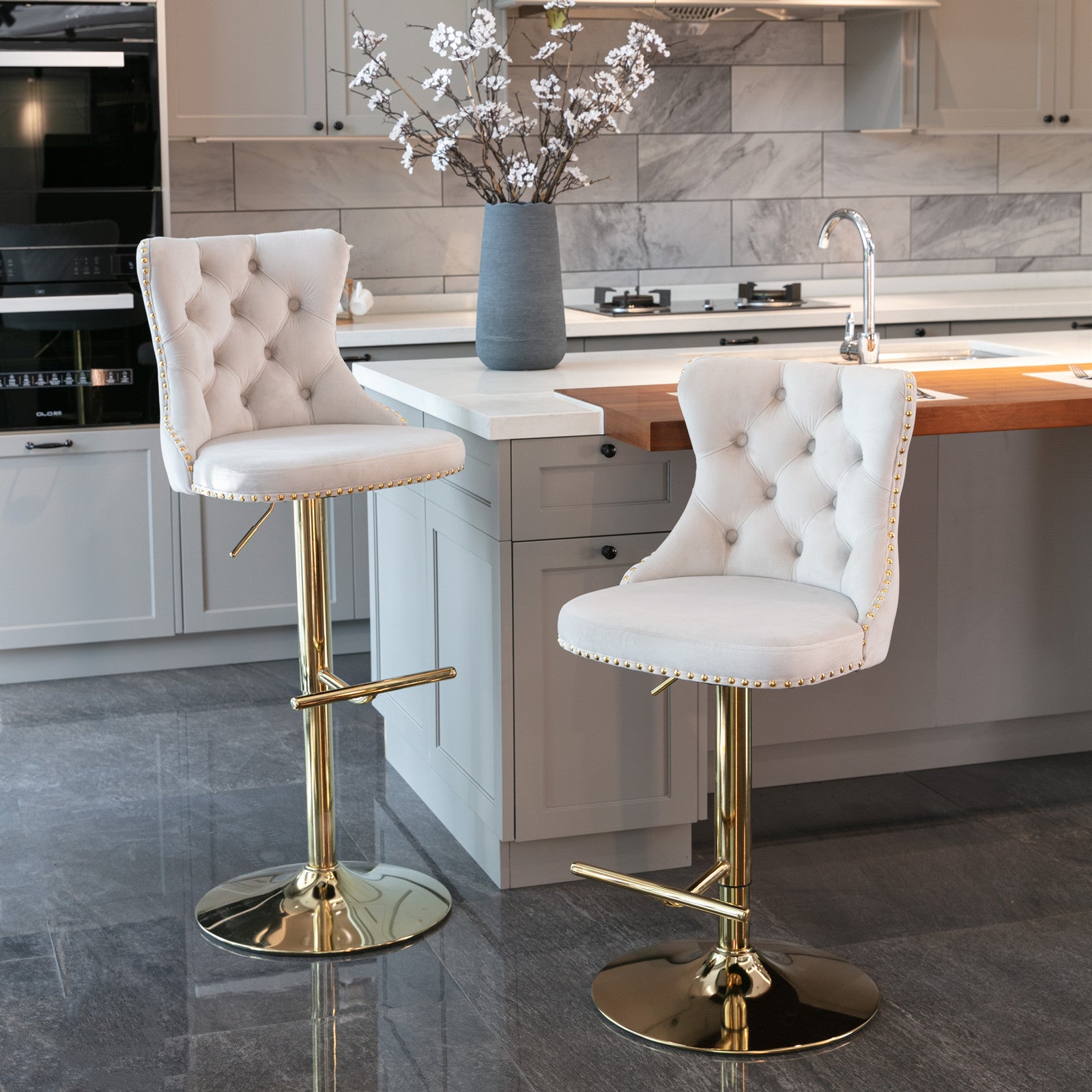 Set of 2 Modern Upholstered Tufted Velvet Armless Bar Stools with Gold Details- Beige_6