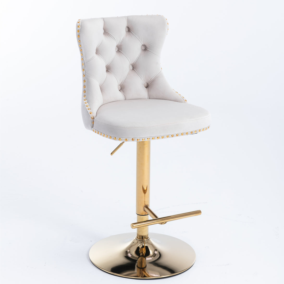 Set of 2 Modern Upholstered Tufted Velvet Armless Bar Stools with Gold Details- Beige_11