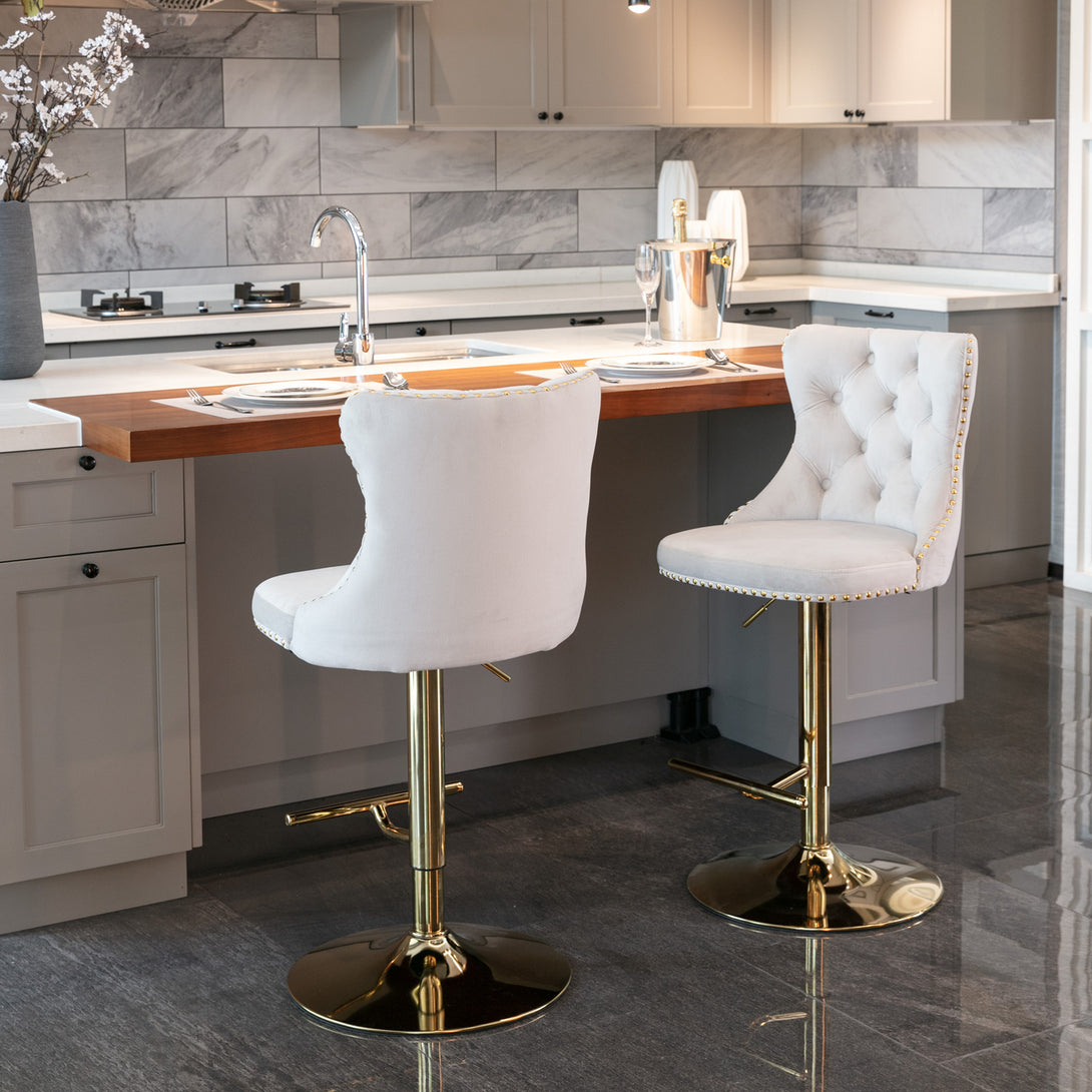 Set of 2 Modern Upholstered Tufted Velvet Armless Bar Stools with Gold Details- Beige_4