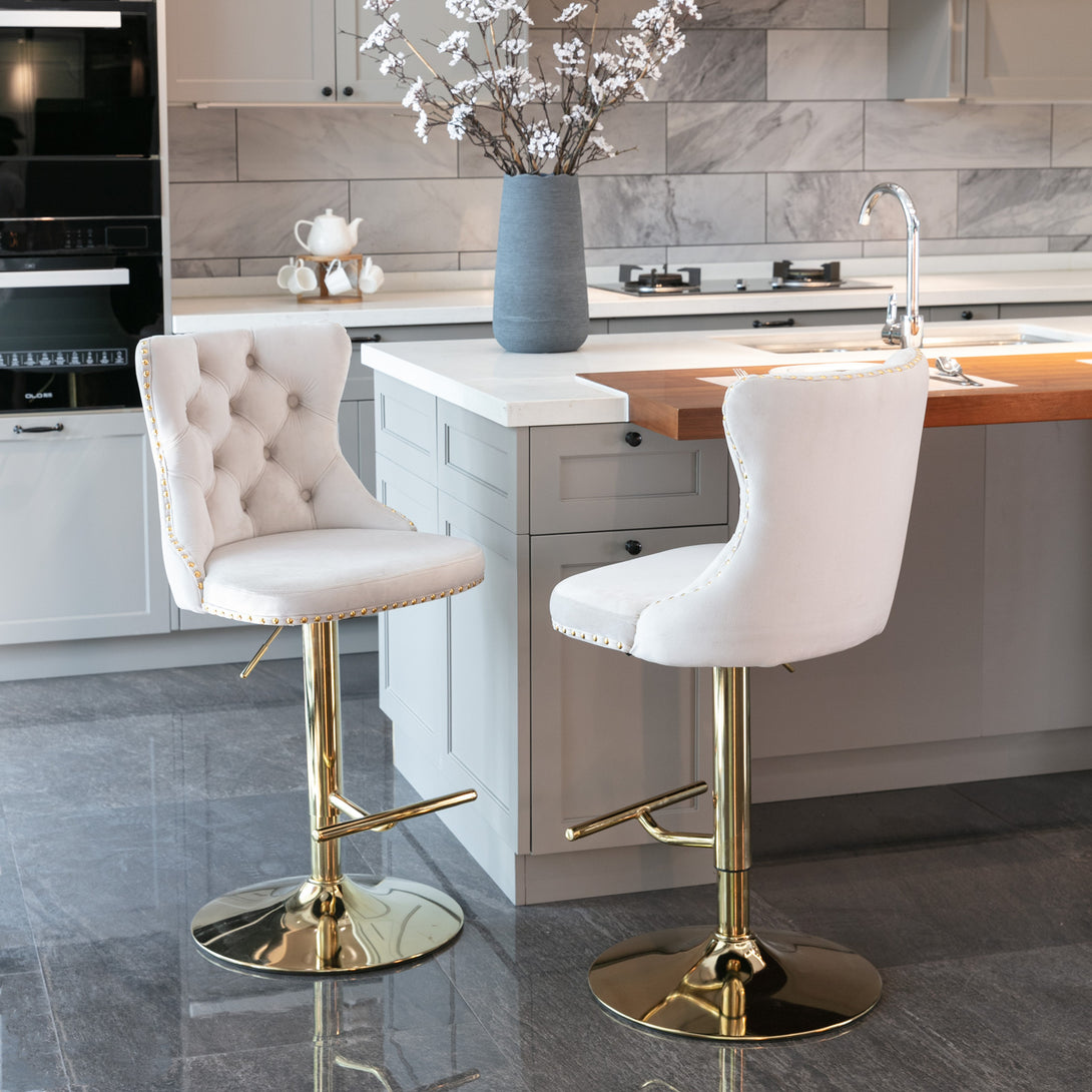 Set of 2 Modern Upholstered Tufted Velvet Armless Bar Stools with Gold Details- Beige_2