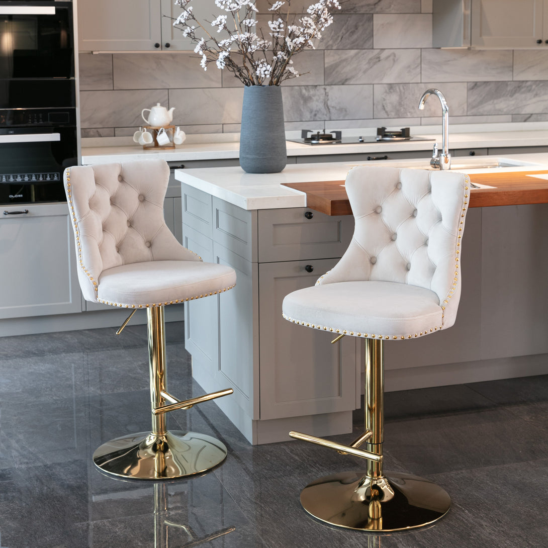 Set of 2 Modern Upholstered Tufted Velvet Armless Bar Stools with Gold Details- Beige_1