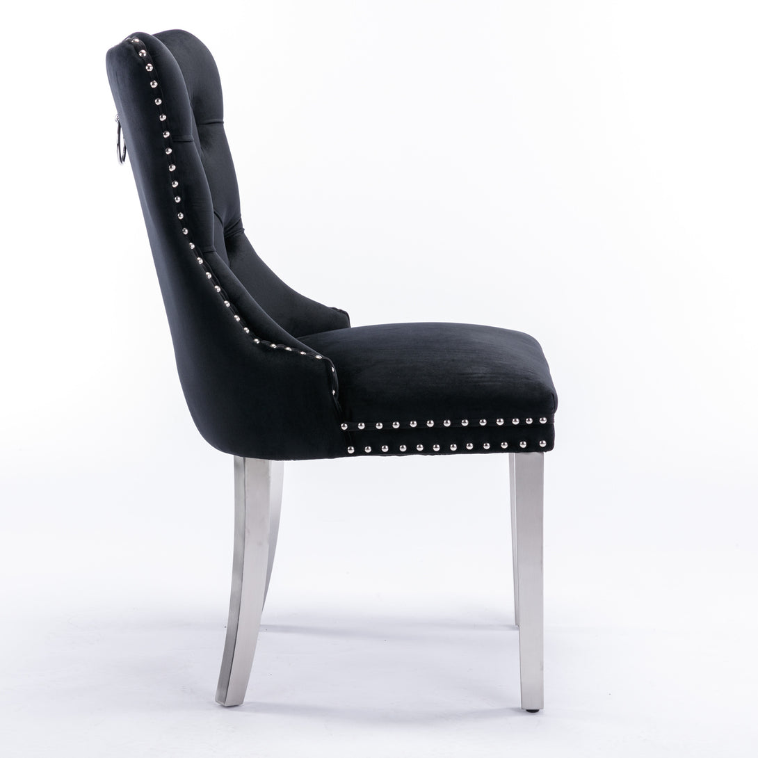 2 pcs High-End Tufted Contemporary Velvet Chair with Chrome Detail and Metal Legs- Black_10