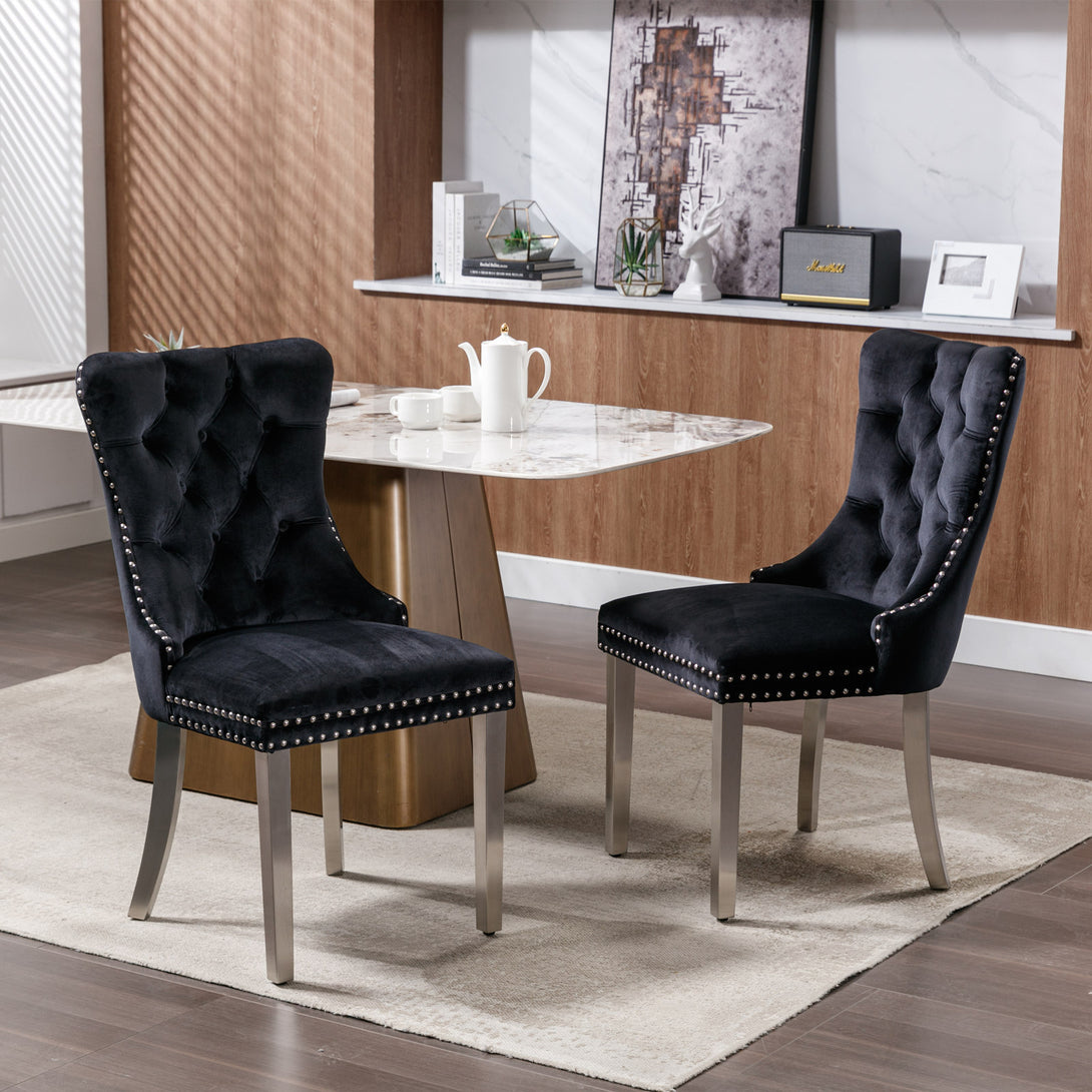 2 pcs High-End Tufted Contemporary Velvet Chair with Chrome Detail and Metal Legs- Black_2