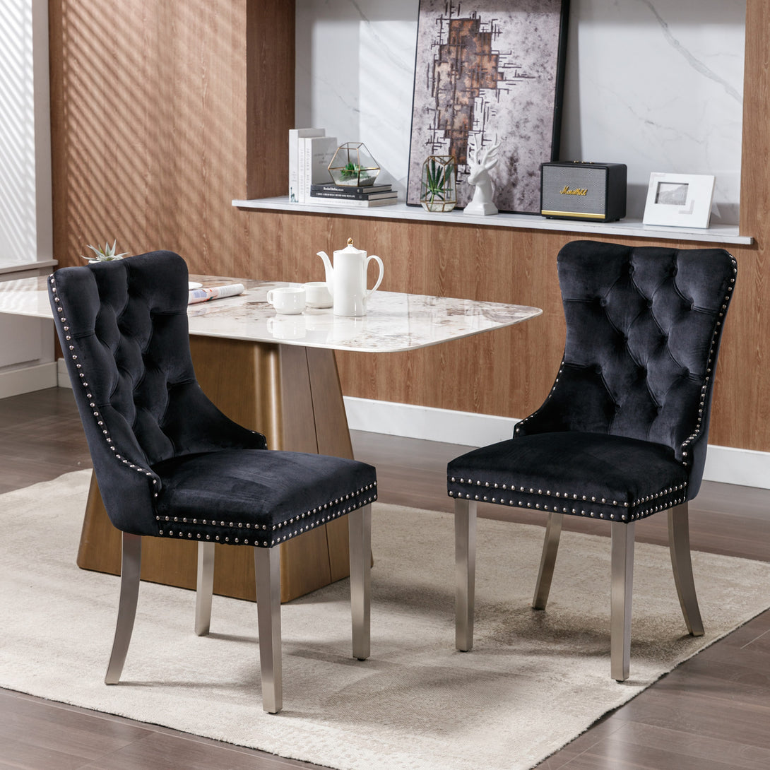 2 pcs High-End Tufted Contemporary Velvet Chair with Chrome Detail and Metal Legs- Black_5