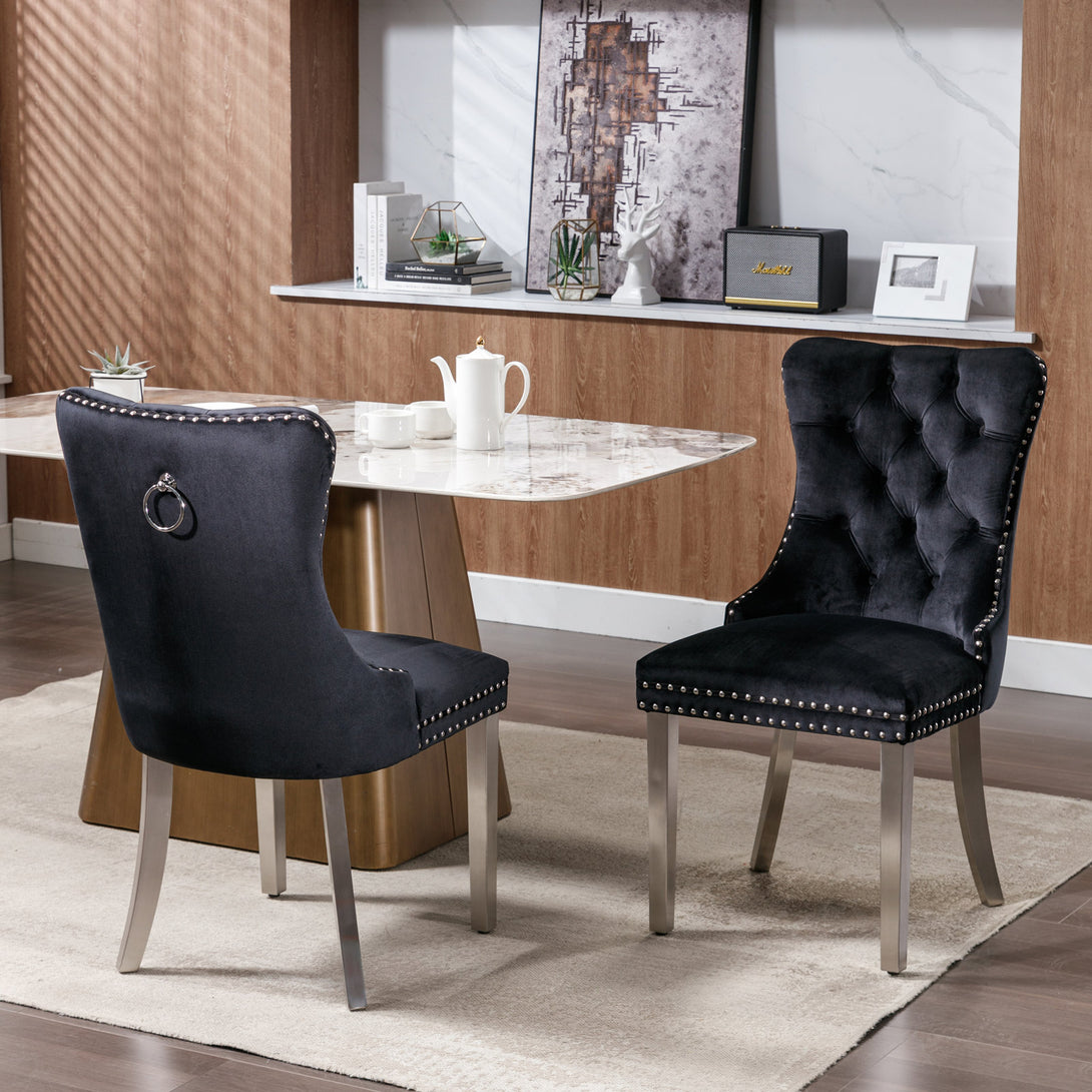 2 pcs High-End Tufted Contemporary Velvet Chair with Chrome Detail and Metal Legs- Black_3