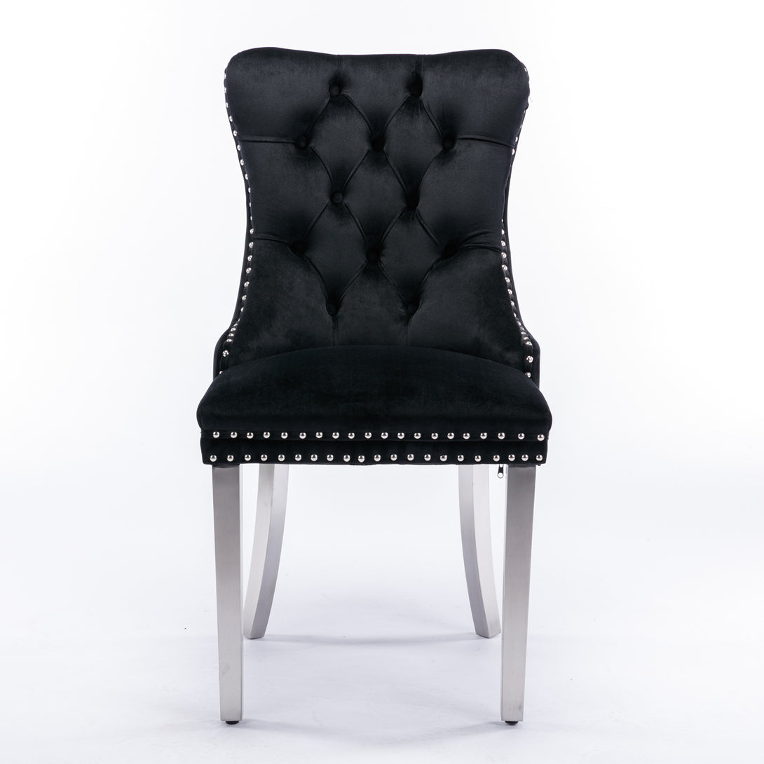 2 pcs High-End Tufted Contemporary Velvet Chair with Chrome Detail and Metal Legs- Black_8