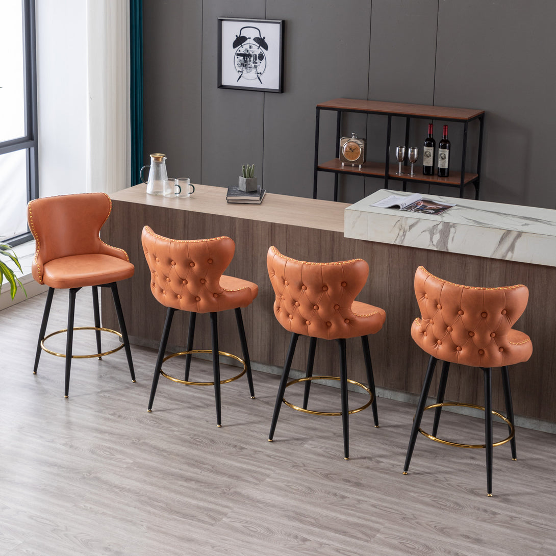 2pcs Gold Accent Bar Stools Tufted Fabric Upholstery with Nailhead Lining and Metal Legs in Orange_5