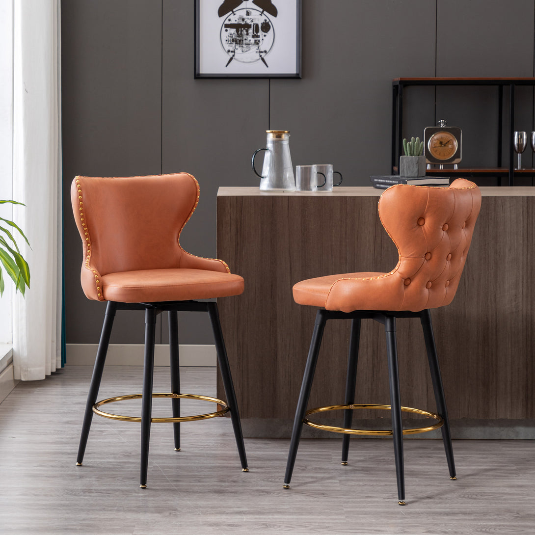 2pcs Gold Accent Bar Stools Tufted Fabric Upholstery with Nailhead Lining and Metal Legs in Orange_2