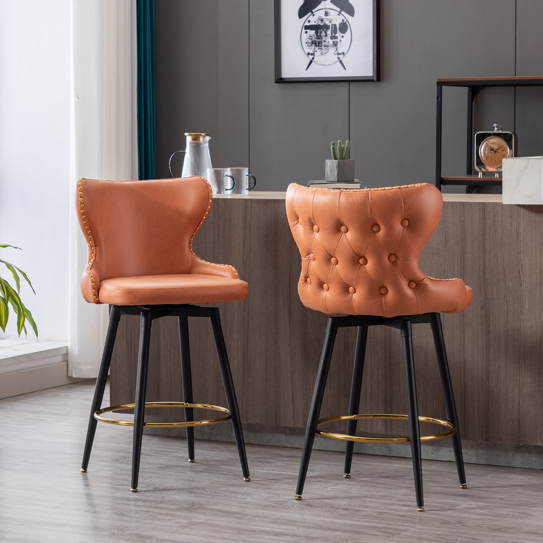 2pcs Gold Accent Bar Stools Tufted Fabric Upholstery with Nailhead Lining and Metal Legs in Orange_3