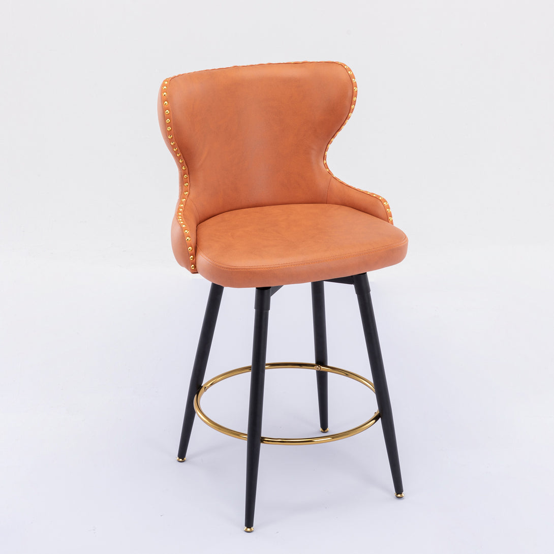 2pcs Gold Accent Bar Stools Tufted Fabric Upholstery with Nailhead Lining and Metal Legs in Orange_10