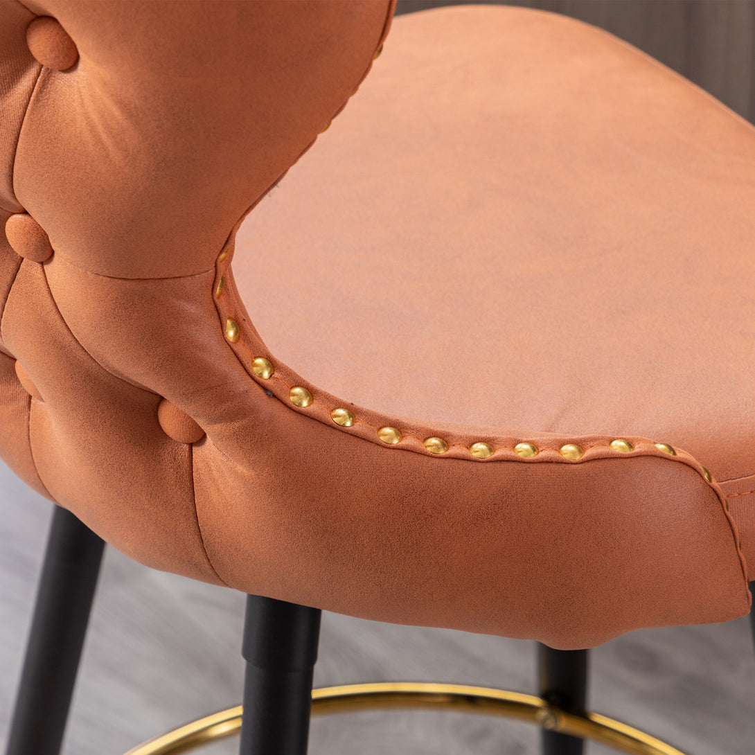 2pcs Gold Accent Bar Stools Tufted Fabric Upholstery with Nailhead Lining and Metal Legs in Orange_8