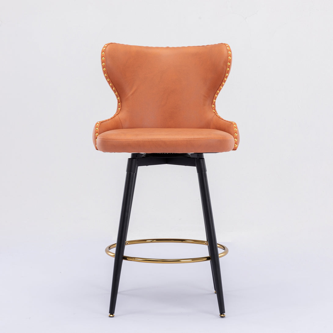 2pcs Gold Accent Bar Stools Tufted Fabric Upholstery with Nailhead Lining and Metal Legs in Orange_9