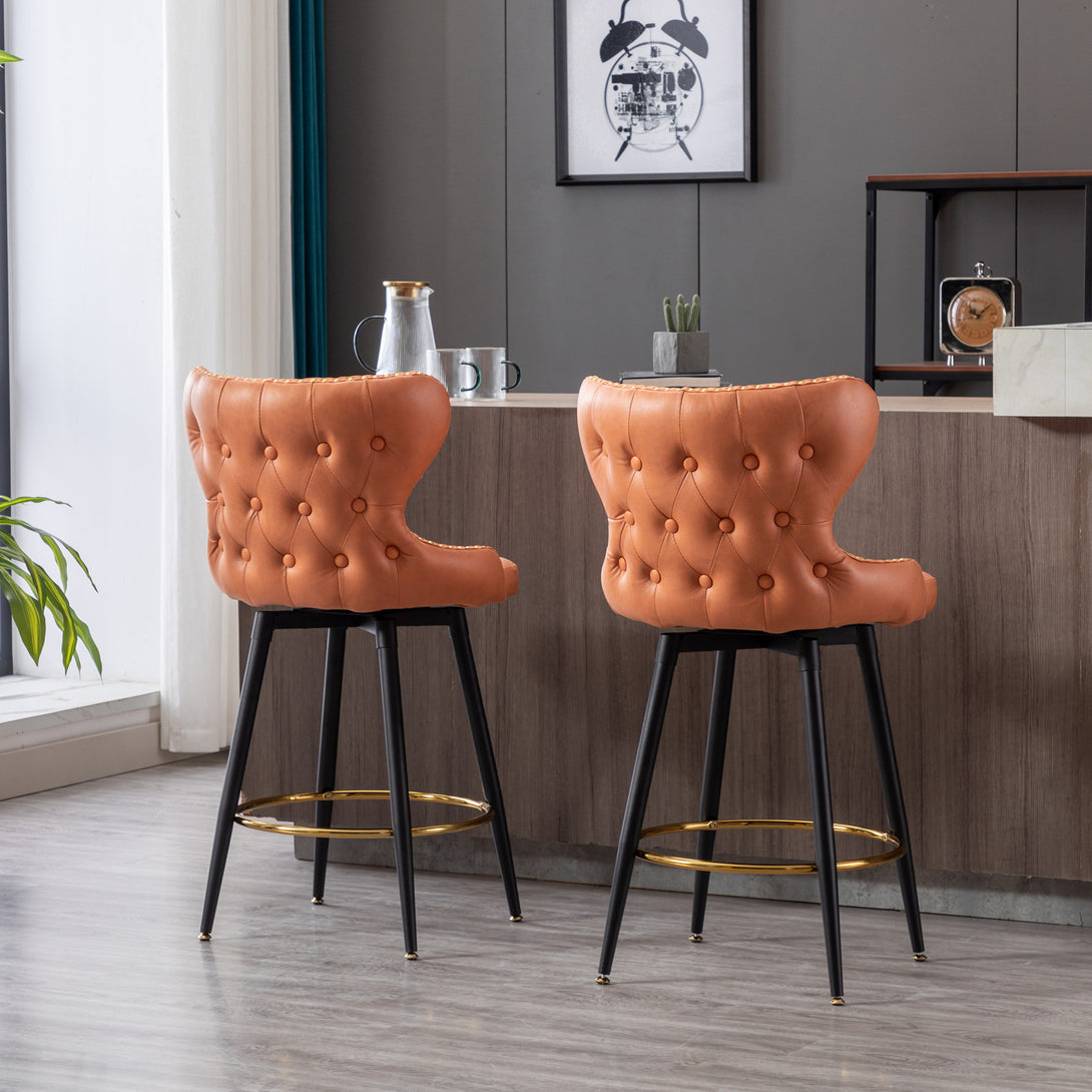 2pcs Gold Accent Bar Stools Tufted Fabric Upholstery with Nailhead Lining and Metal Legs in Orange_0