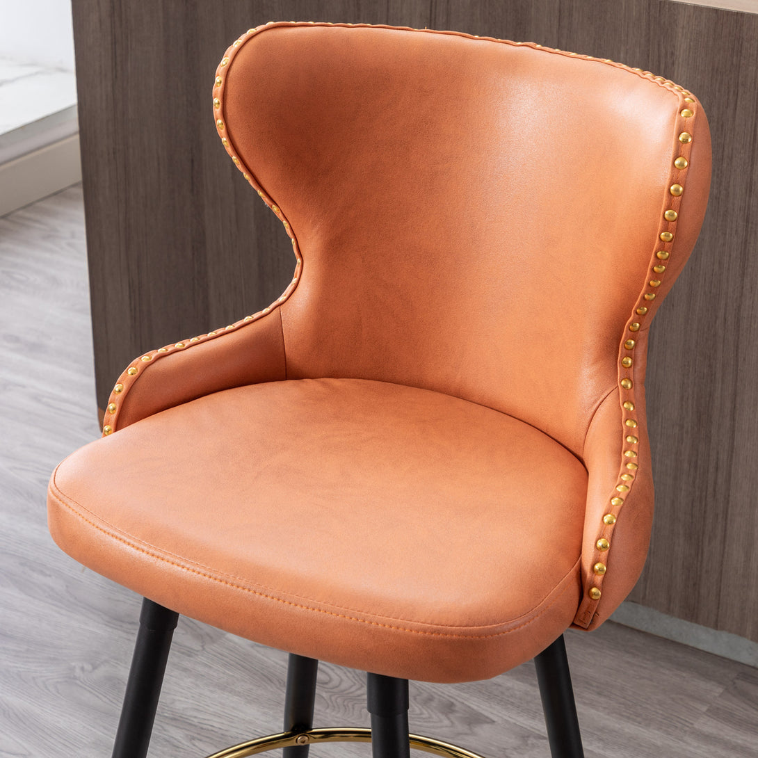 2pcs Gold Accent Bar Stools Tufted Fabric Upholstery with Nailhead Lining and Metal Legs in Orange_6