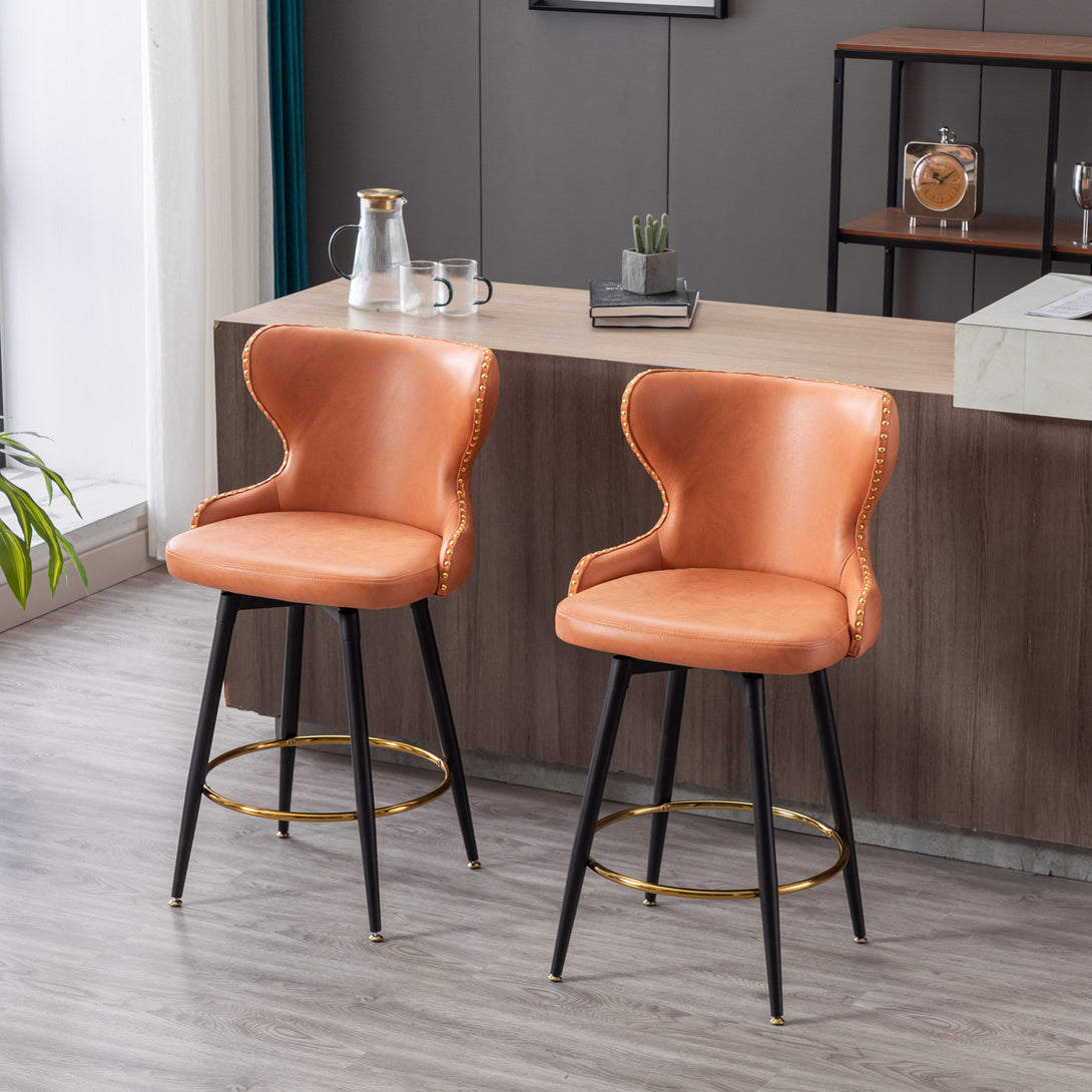 2pcs Gold Accent Bar Stools Tufted Fabric Upholstery with Nailhead Lining and Metal Legs in Orange_4