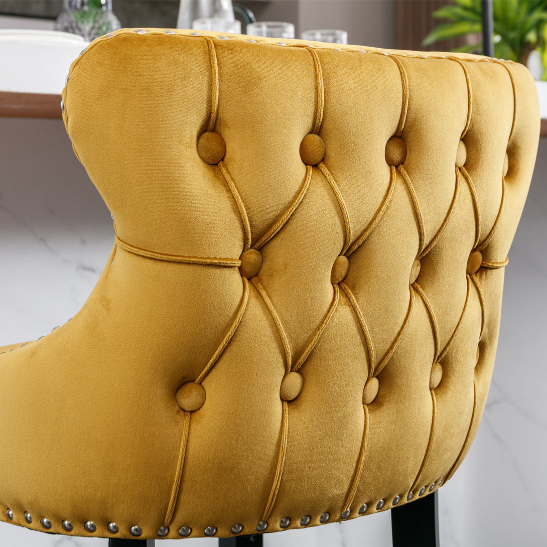 2pcs Chrome Accent Wingback Bar Stools Tufted Velvet with Nailhead and Black Legs- Gold_9