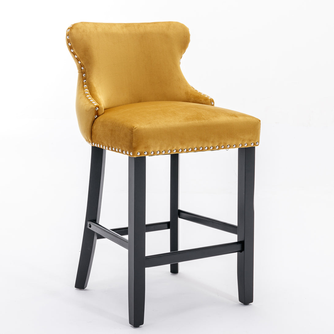 2pcs Chrome Accent Wingback Bar Stools Tufted Velvet with Nailhead and Black Legs- Gold_3