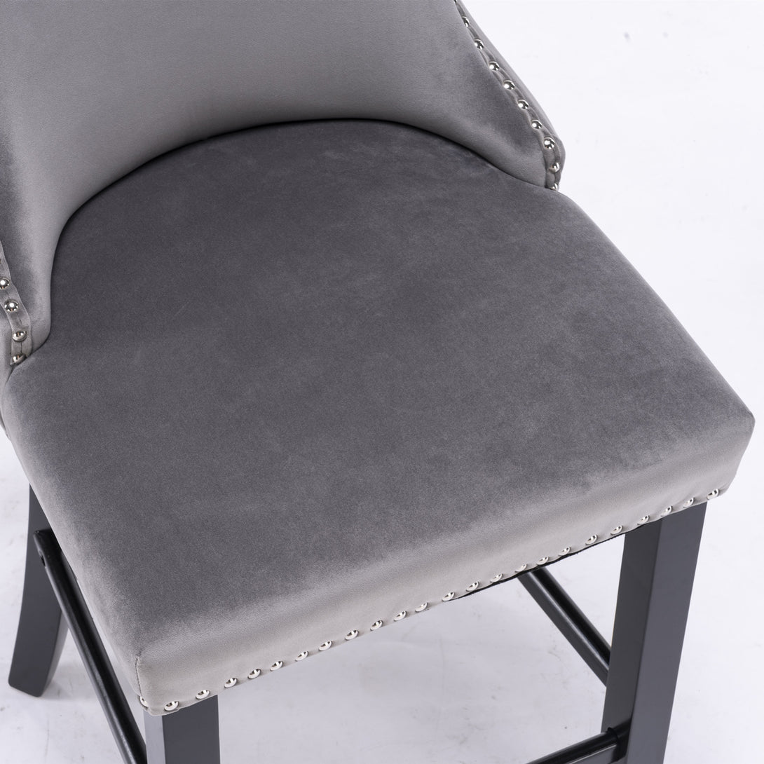 2pcs Chrome Accent Wingback Bar Stools Tufted Velvet with Nailhead and Black Legs- Grey_8