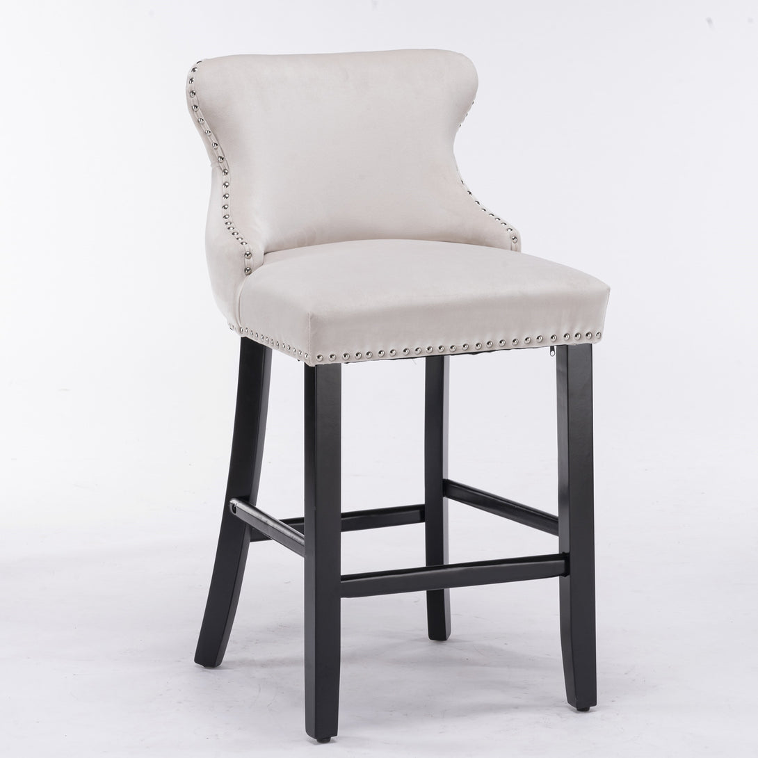 2pcs Chrome Accent Wingback Bar Stools Tufted Velvet with Nailhead and Black Legs- Beige_3