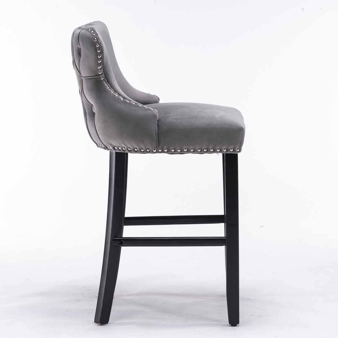 2pcs Chrome Accent Wingback Bar Stools Tufted Velvet with Nailhead and Black Legs- Grey_4