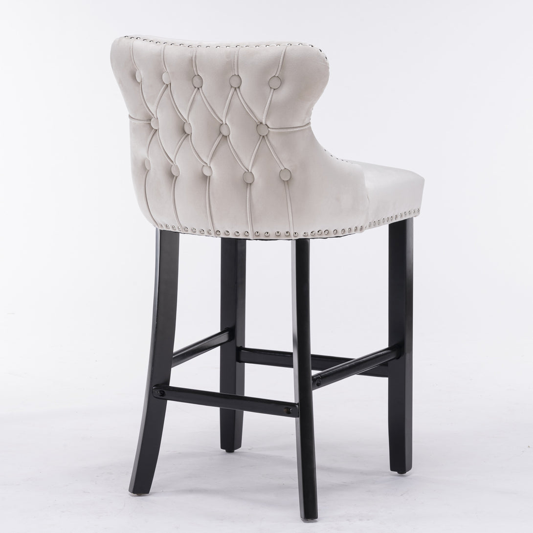 2pcs Chrome Accent Wingback Bar Stools Tufted Velvet with Nailhead and Black Legs- Beige_5